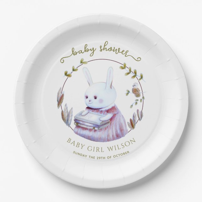 Magical Woodland Books Bunny Girl Baby Shower Paper Plate (Front)