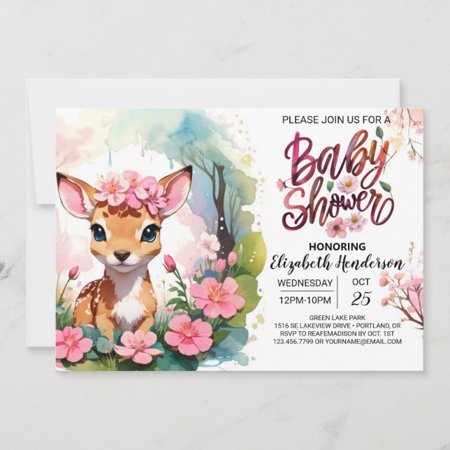 Magical Woodland Fawn Pink Girl Baby Shower Invitation (Front)