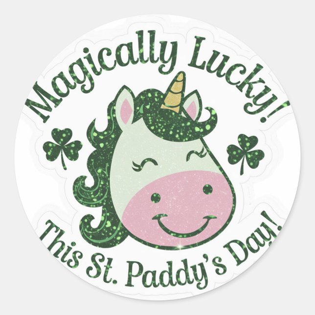 Magically Lucky St. Patrick's Day Unicorn Design Classic Round Sticker (Front)