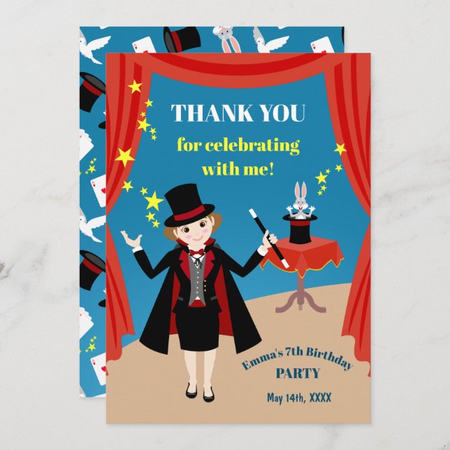 Magician Girl Show Birthday Party Thank You Card (Front/Back)