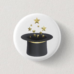 Magicians top hat with golden stars 3 cm round badge