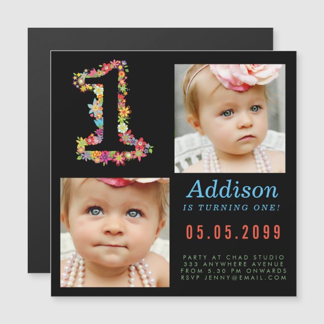 MAGNET Baby 1st Birthday Party Photo Card (Front/Back)