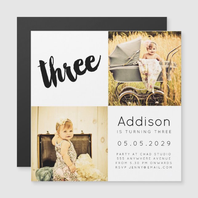MAGNET Baby Boy Girl THREE 3rd Birthday Photo Card (Front/Back)