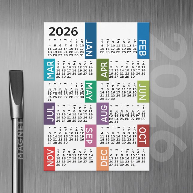 Magnet Calendar - 12 Month funky colourful months (2026 Calendar with a Magnetic Back)