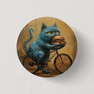 Magnet\Funny Blue Cat Riding Bicycle with Giant 3 Cm Round Badge