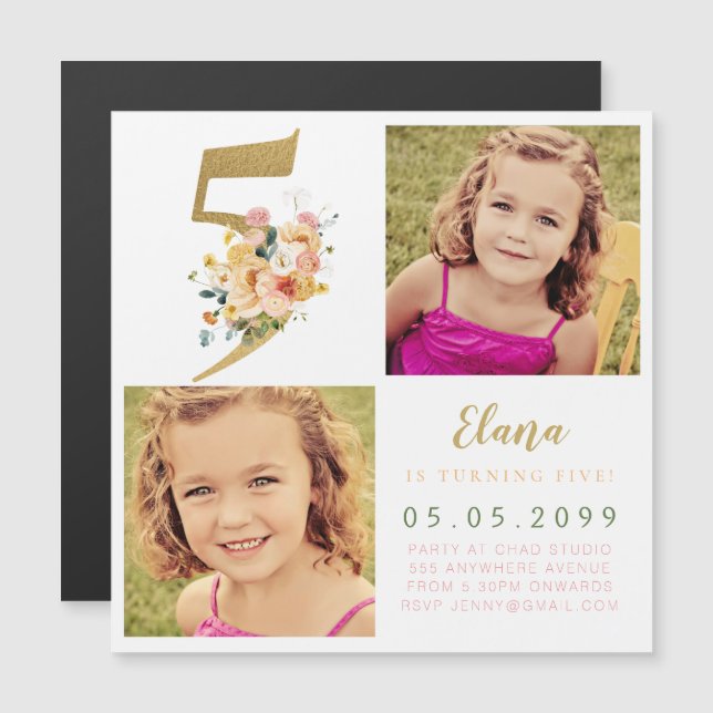 MAGNET Girls Gold Number 5 5th Birthday Year Photo (Front/Back)