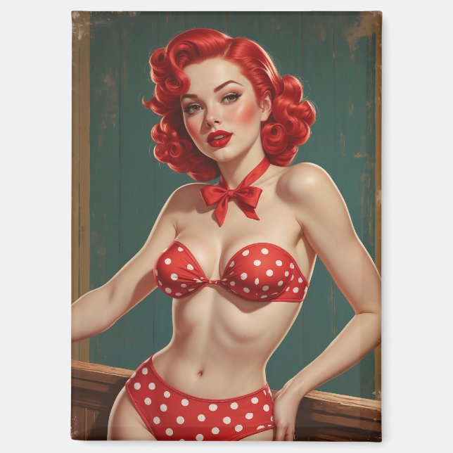 Magnet Pin-Up with red hair and dotted bikini (Front)