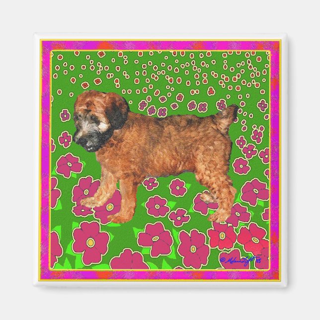 Magnet: Puppy in Garden - Pink Magnet (Front)