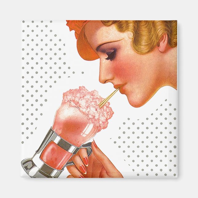 Magnet ~ RETRO Gal Enjoying Soda Fountain Drink (Front)
