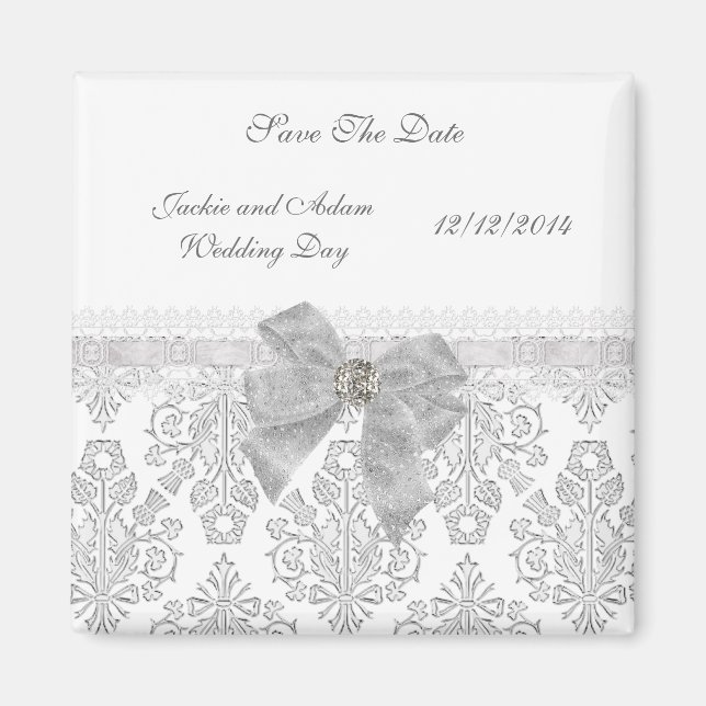 Magnet Save The Date Wedding Damask White (Front)