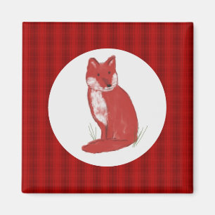 Magnet with Red Pastel Fox Illustration and Plaid