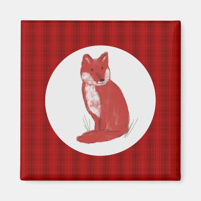 Magnet with Red Pastel Fox Illustration and Plaid (Front)