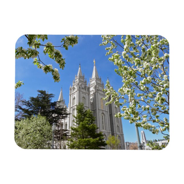 Magnet with SLC Temple with white flowers (Horizontal)