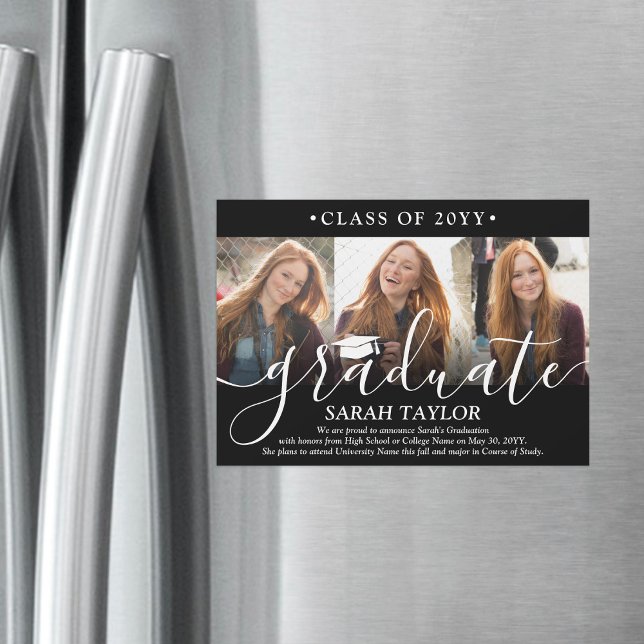 Magnetic 3 Photo Black Graduation Announcement (Creator Uploaded)