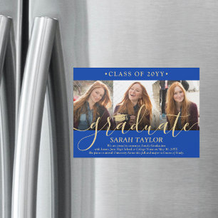 Magnetic 3 Photo Blue Gold Graduation Announcement