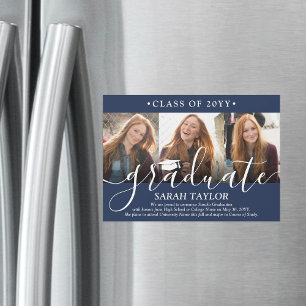 Magnetic 3 Photo Navy Blue Graduation Announcement