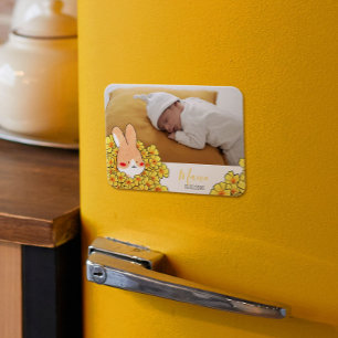Magnetic baby birth announcement Rabbit and flower Magnet