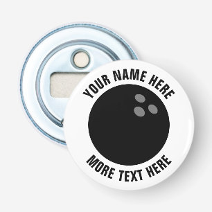 Magnetic bottle opener with bowling ball logo