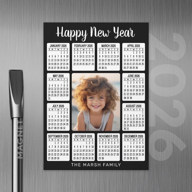 Magnetic Calendar Vertical Photo - HNY black (2026 Calendar with A Photo and Magnetic Back)