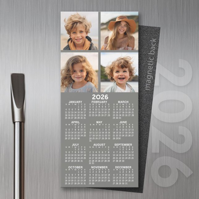 Magnetic Calendar with Photo Collage - Grey (2026 Calendar Magnet for the Fridge or Home Office - Add a Photo for a Personal Touch)