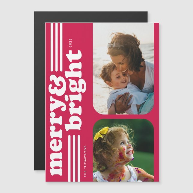 Magnetic Merry & Bright Retro Magenta Photo Card (Front/Back)
