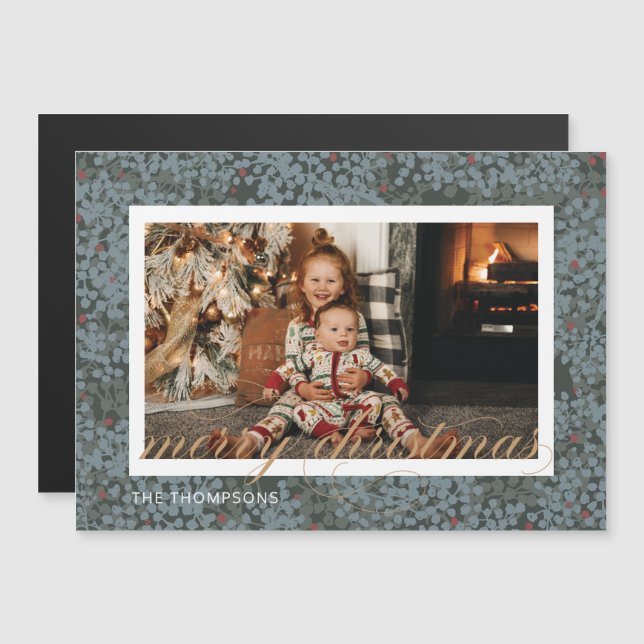 Magnetic Merry Christmas Script Berries Photo Card (Front/Back)