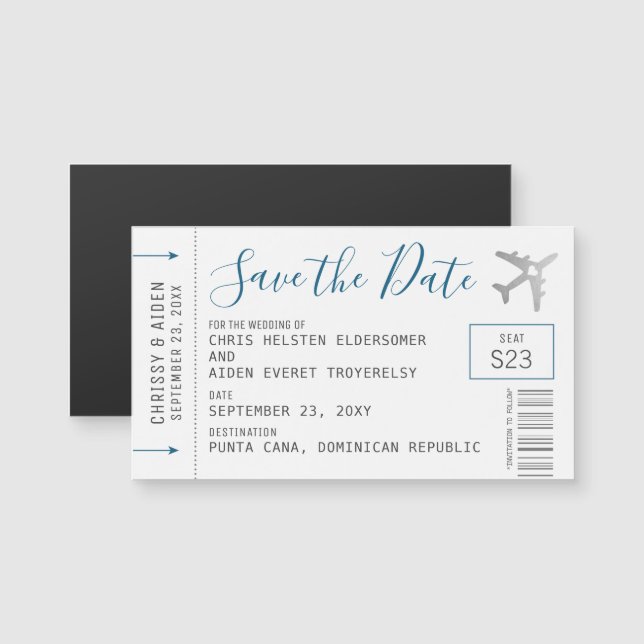 Magnetic Mini Boarding Pass Save the Date Silver (Front/Back)