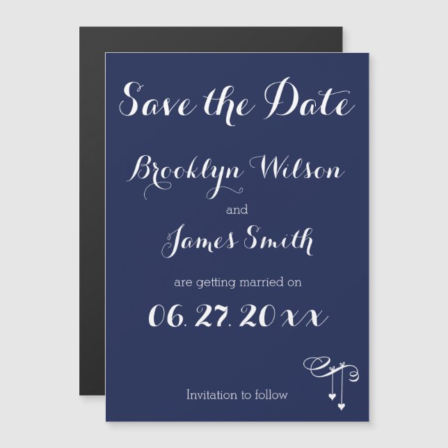 Magnetic Navy Blue Save The Date With Hearts Invitation (Front/Back)