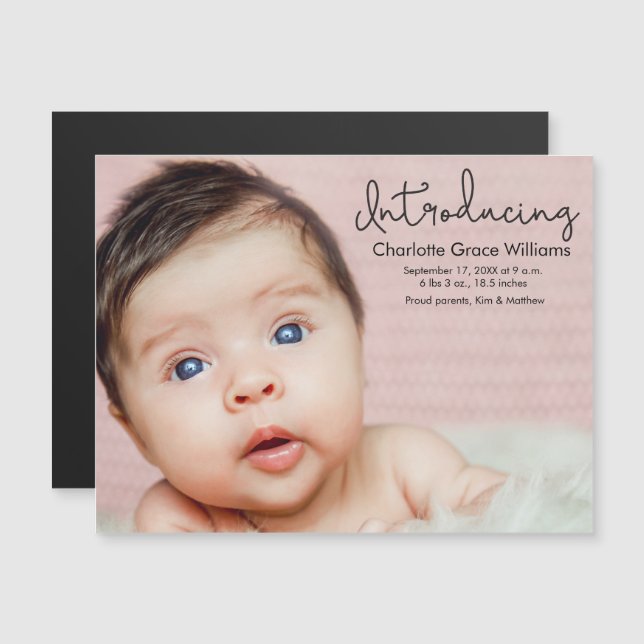 Magnetic photo baby girl birth announcement (Front/Back)