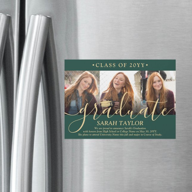 Magnetic Photo Green Gold Graduation Announcement (Creator Uploaded)
