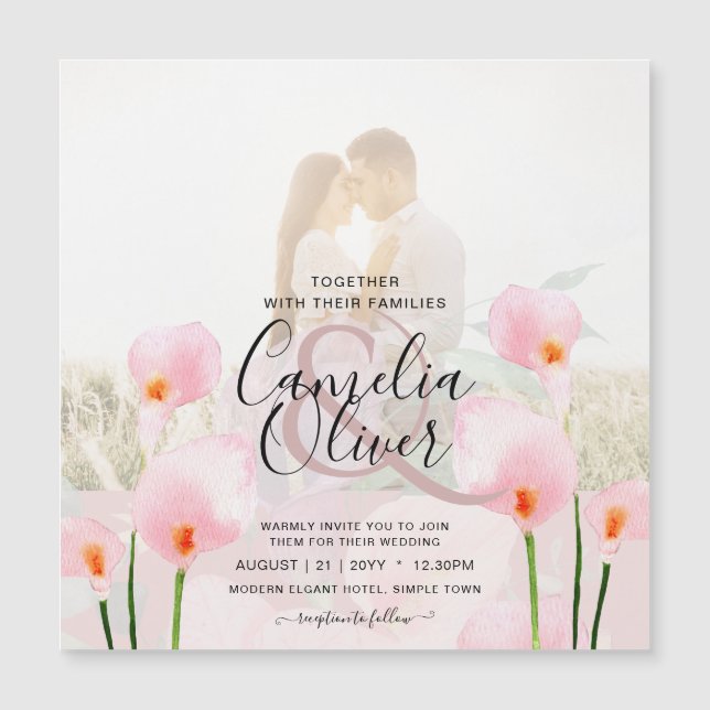 MAGNETIC Pink Calla Lily PHOTO Wedding Invite (Front)