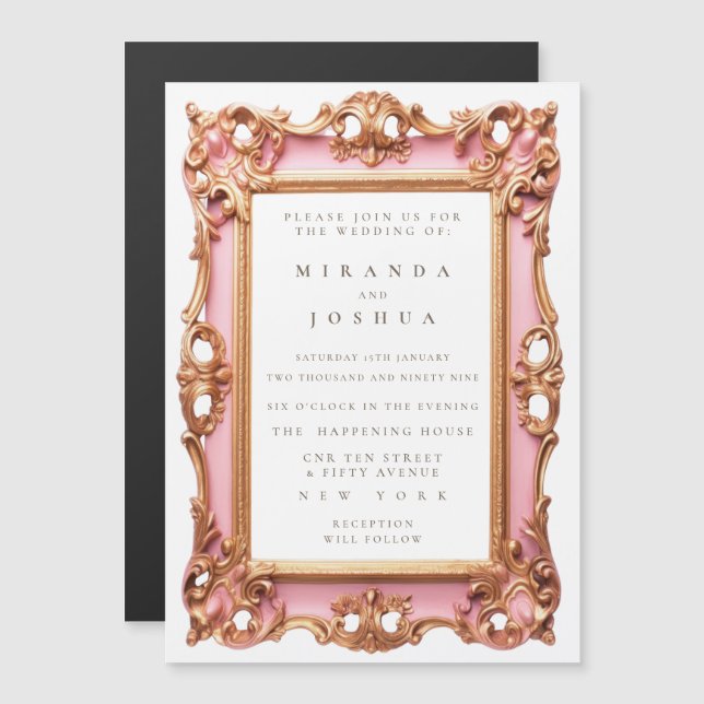 MAGNETIC Pink Gold Ornate Filigree Frame Invitation (Front/Back)
