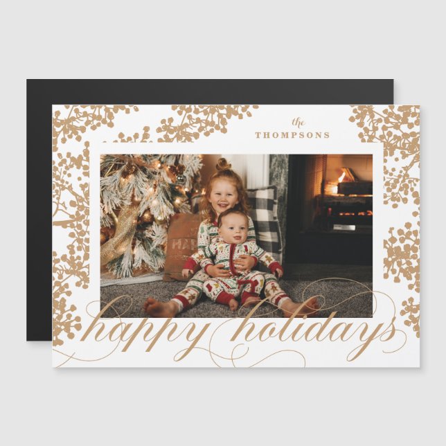 Magnetic Script Happy Holidays Foliage Photo Card (Front/Back)
