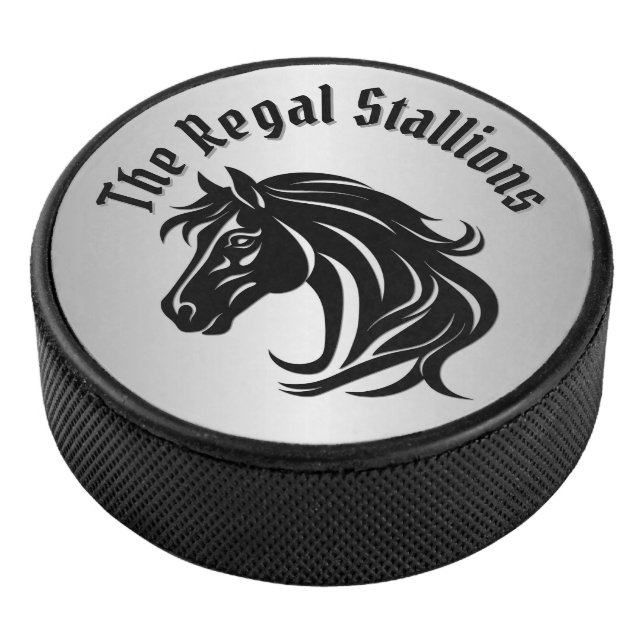 Magnificent Black Horse Head Add Title Silver Glow Hockey Puck (3/4)