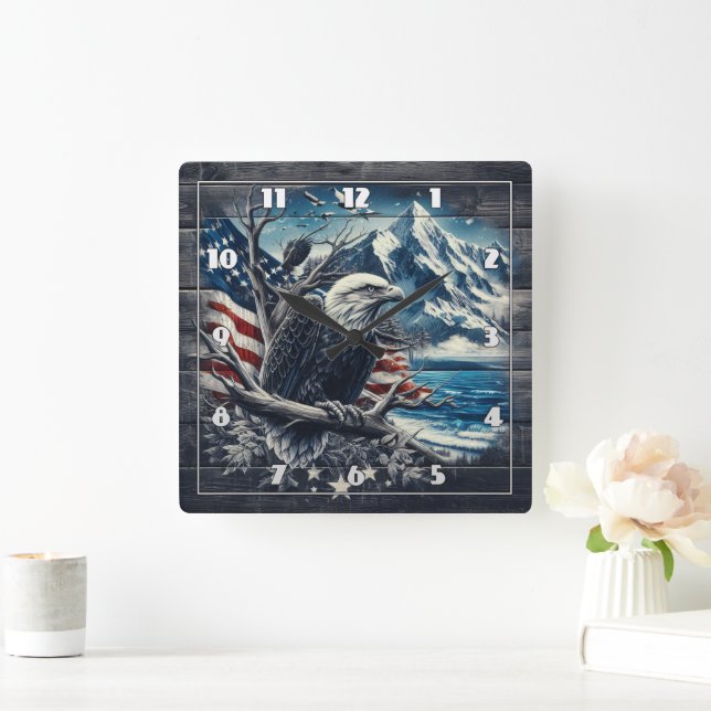 Magnificent Eagle With American Flag and Mountains Square Wall Clock (Home)