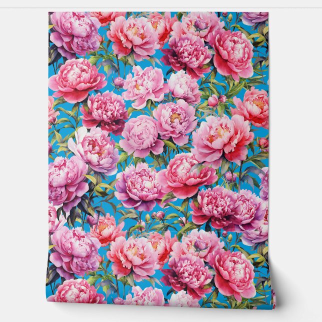 Magnificent Love peonies on bright blue azure Wallpaper (Unrolling)