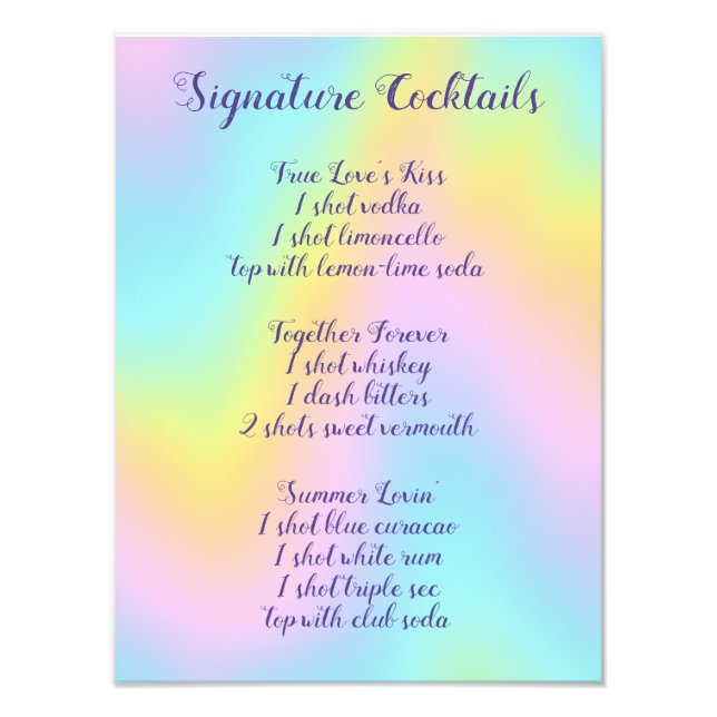 Magnificent Pastel Rainbow Wedding Cocktail Menu Photo Print (Front)