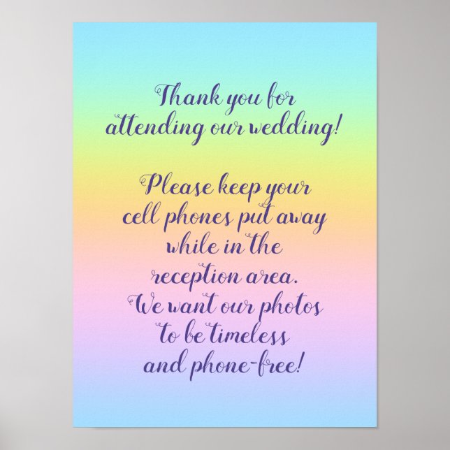 Magnificent Pastel Rainbow Wedding "Phone Free" Poster (Front)