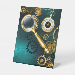 Magnifier in Steampunk Style Pedestal Sign