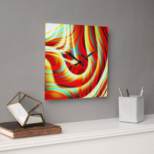 Magnifying curved red strokes overlapping in mess  square wall clock