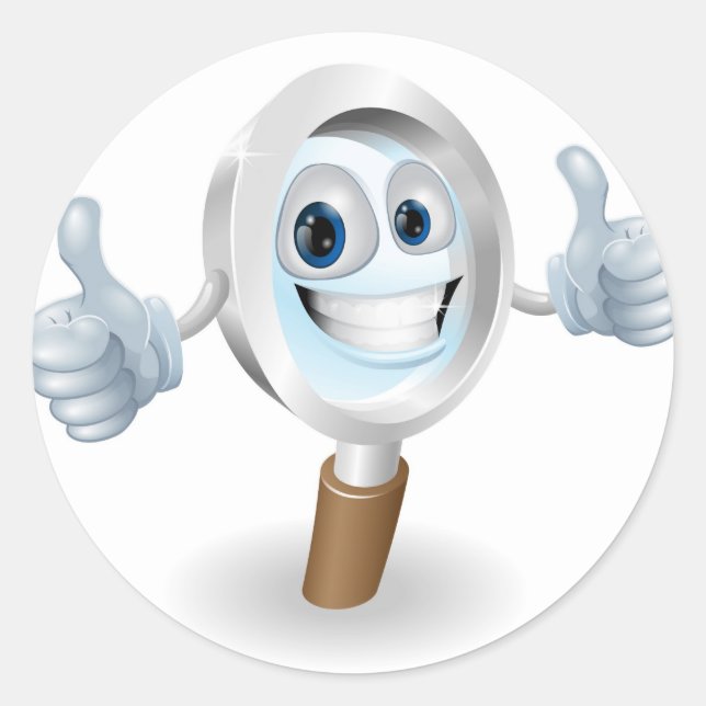 Magnifying glass cartoon character classic round sticker (Front)