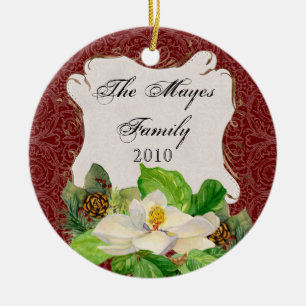 Magnoila n Pine Cone Damask Christmas Ornament