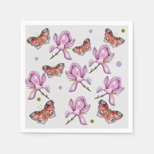 Magnolia and butterflies, watercolor pattern napkin