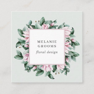 Magnolia and Eucalyptus floral frame light grey Square Business Card