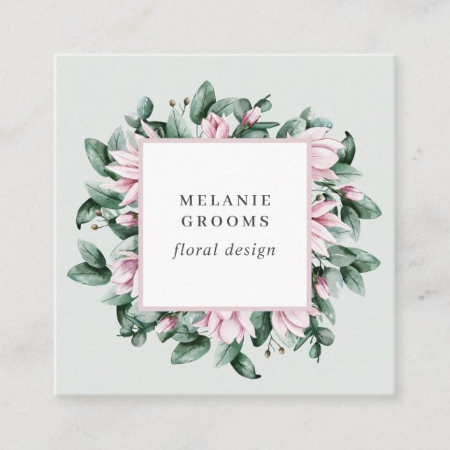 Magnolia and Eucalyptus floral frame light grey Square Business Card (Front)
