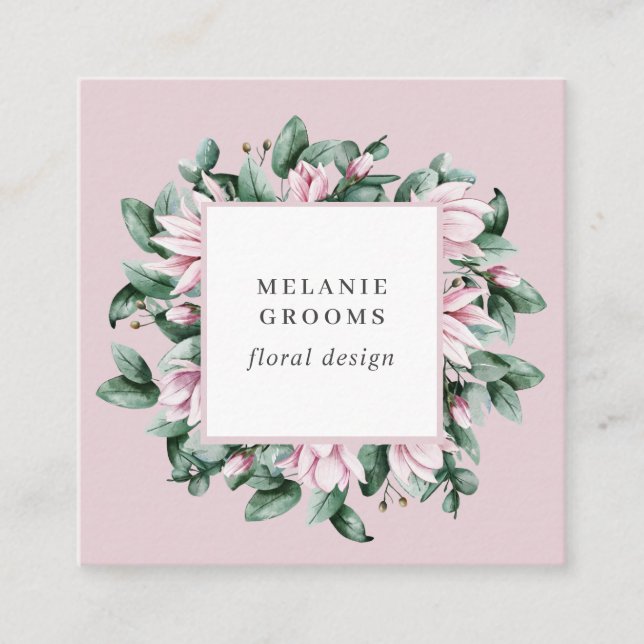 Magnolia and Eucalyptus floral frame pink Square Business Card (Front)