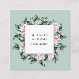 Magnolia and Eucalyptus floral frame sage green Square Business Card