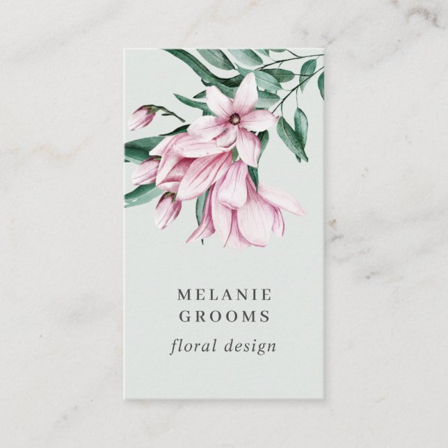 Magnolia and Eucalyptus  grey Floral Botanical Business Card (Front)