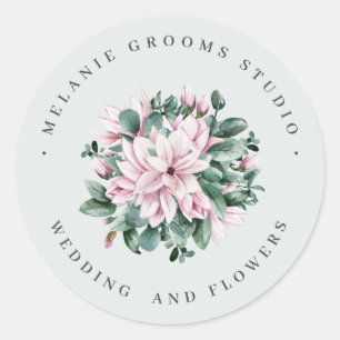 Magnolia and eucalyptus grey wedding flowers classic round sticker