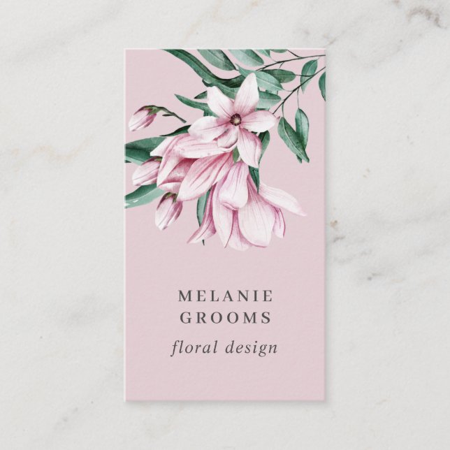 Magnolia and Eucalyptus Pink Floral Botanical Business Card (Front)